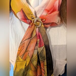 Floral Multicolor Scarf With Gold Tone Scarf Clip